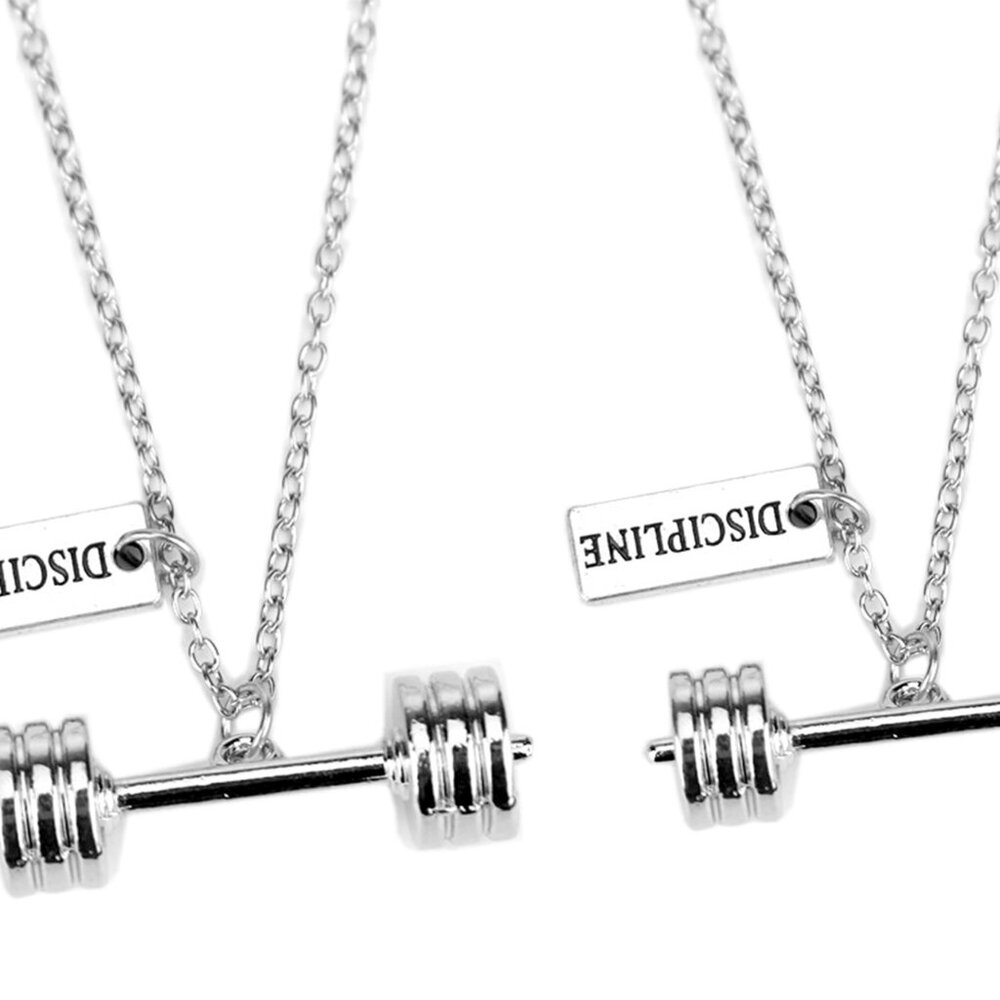 Set of 2 Silver Fitness Sports Charms Dumbbell & Discipline Pendant Necklaces